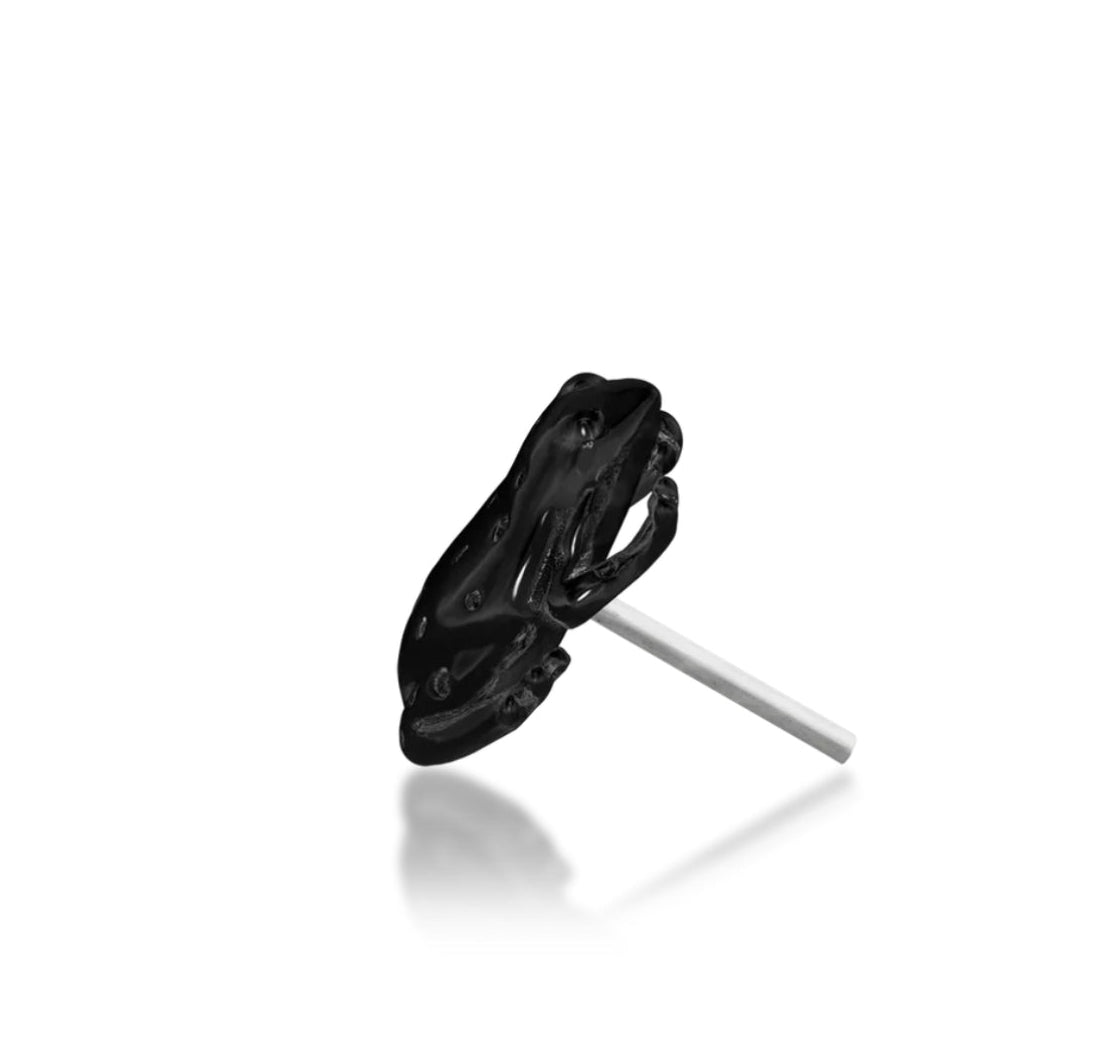 Junipurr Sir Hops three-dimensional black-rhodium frog decorative end in solid 14k gold, product view.