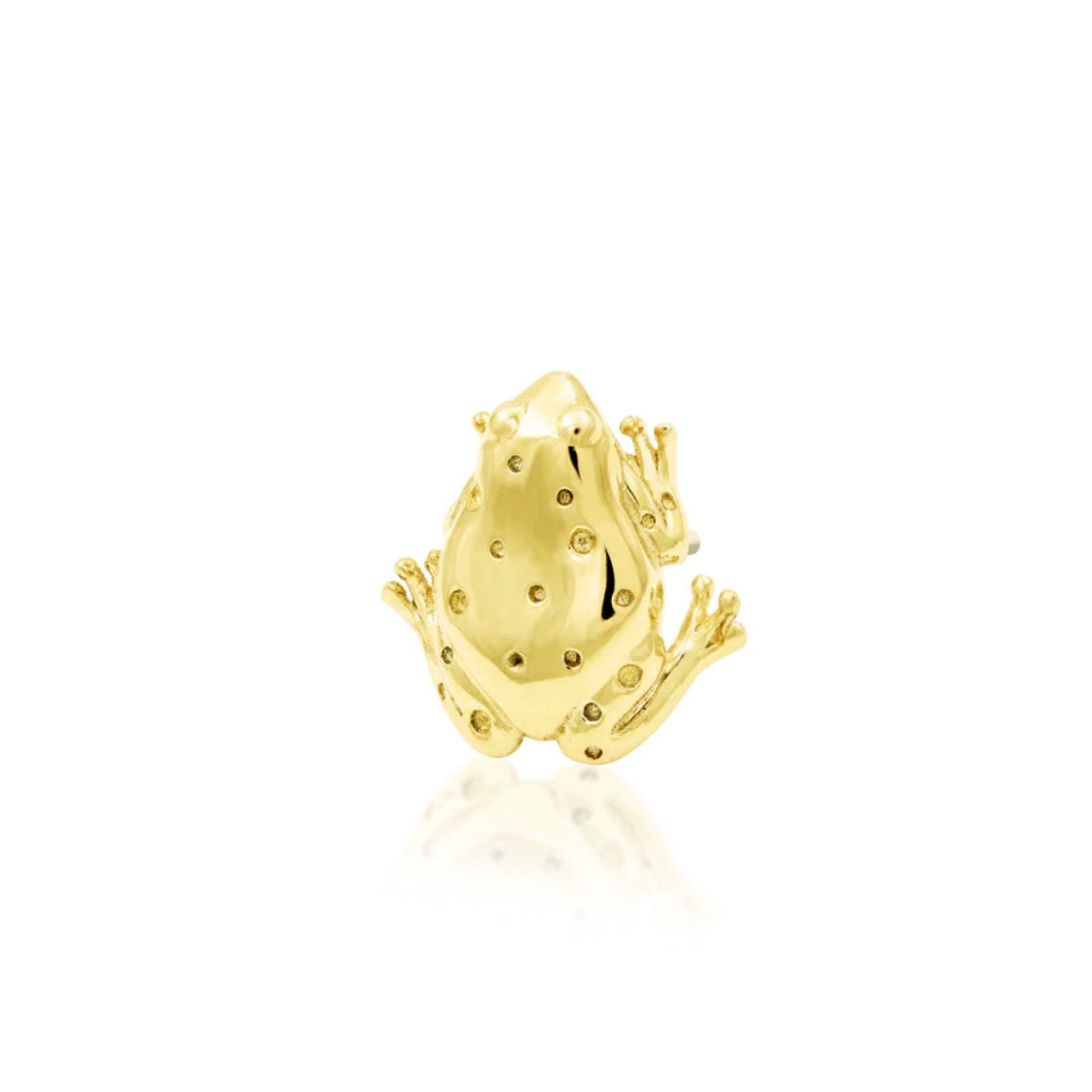 Junipurr Sir Hops solid 14k yellow gold sculpted frog threadless end with hammered spot detail, angled view.