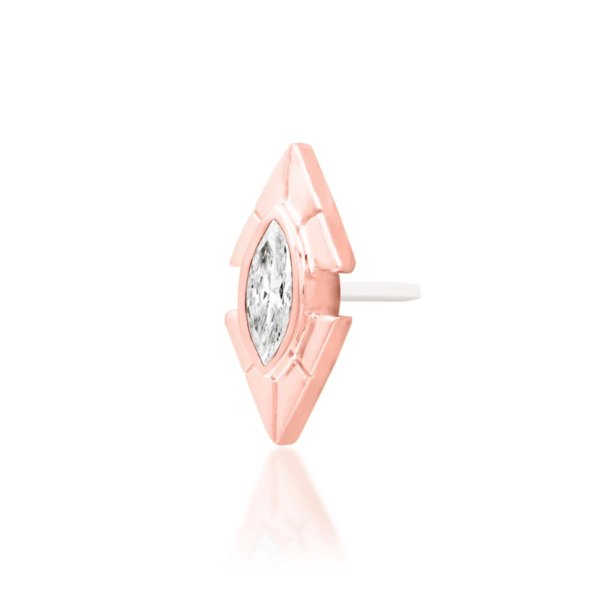 Junipurr Sirena solid 14k rose gold marquise White CZ threadless end, angled view.