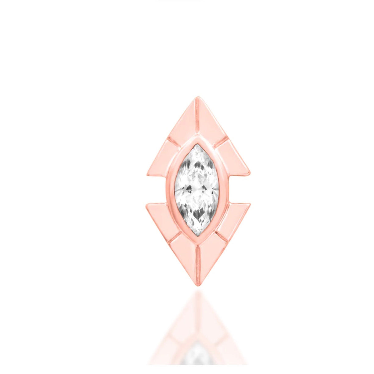 Junipurr Sirena solid 14k rose gold threadless end with a 5mm × 2.5mm marquise White CZ, front view.