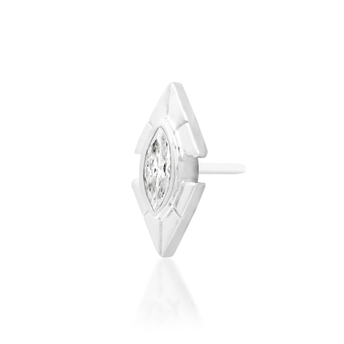 Junipurr Sirena solid 14k white gold marquise White CZ threadless end, angled view.
