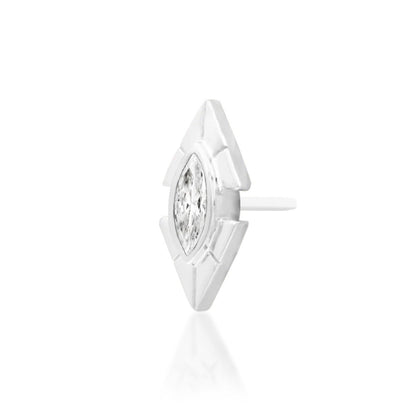 Junipurr Sirena solid 14k white gold marquise White CZ threadless end, angled view.