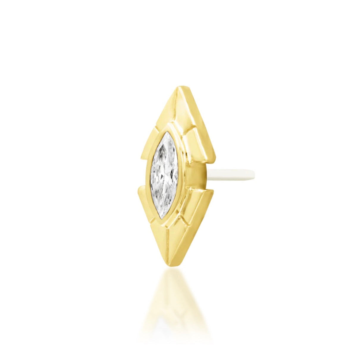 Junipurr Sirena solid 14k yellow gold marquise White CZ threadless end, angled view.