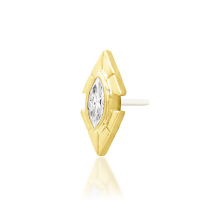 Junipurr Sirena solid 14k yellow gold marquise White CZ threadless end, angled view.