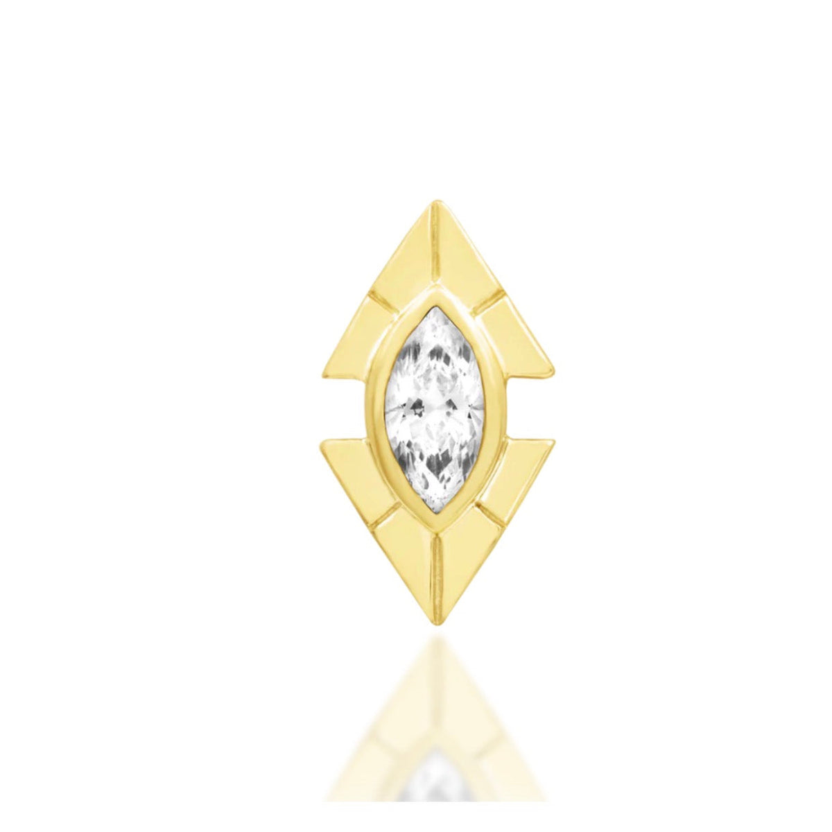 Junipurr Sirena solid 14k yellow gold threadless end with a 5mm × 2.5mm marquise White CZ, front view.
