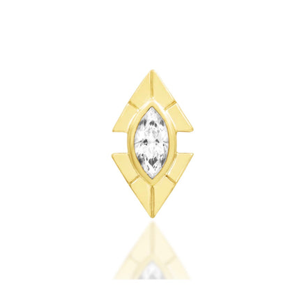 Junipurr Sirena solid 14k yellow gold threadless end with a 5mm × 2.5mm marquise White CZ, front view.