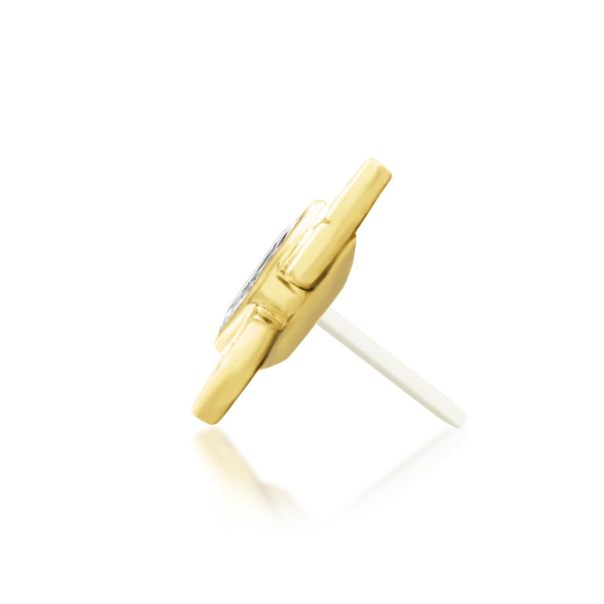 Junipurr Sirena solid 14k yellow gold marquise White CZ threadless end, side profile.