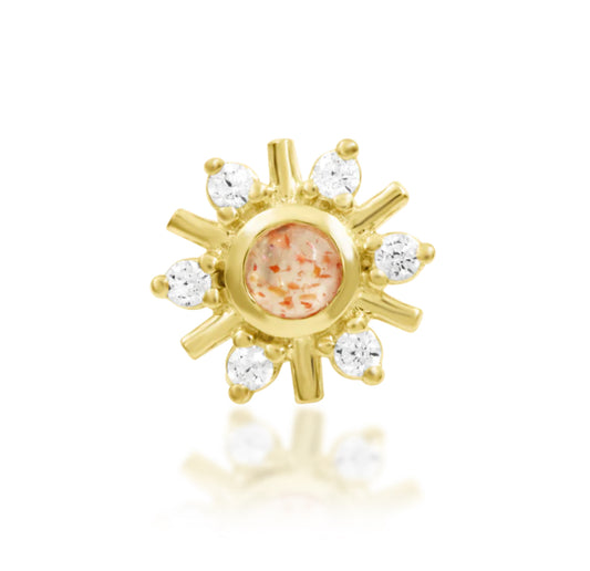 Junipurr Soleil solid 14k gold Sunstone threadless decorative end, product view.