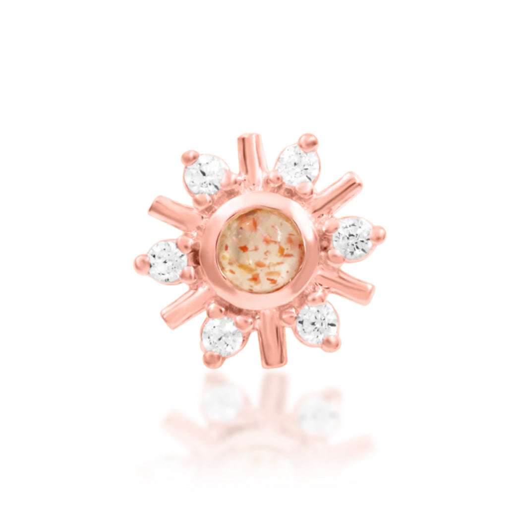 Junipurr Soleil radiant Sunstone threadless decorative end in solid 14k gold, product view.