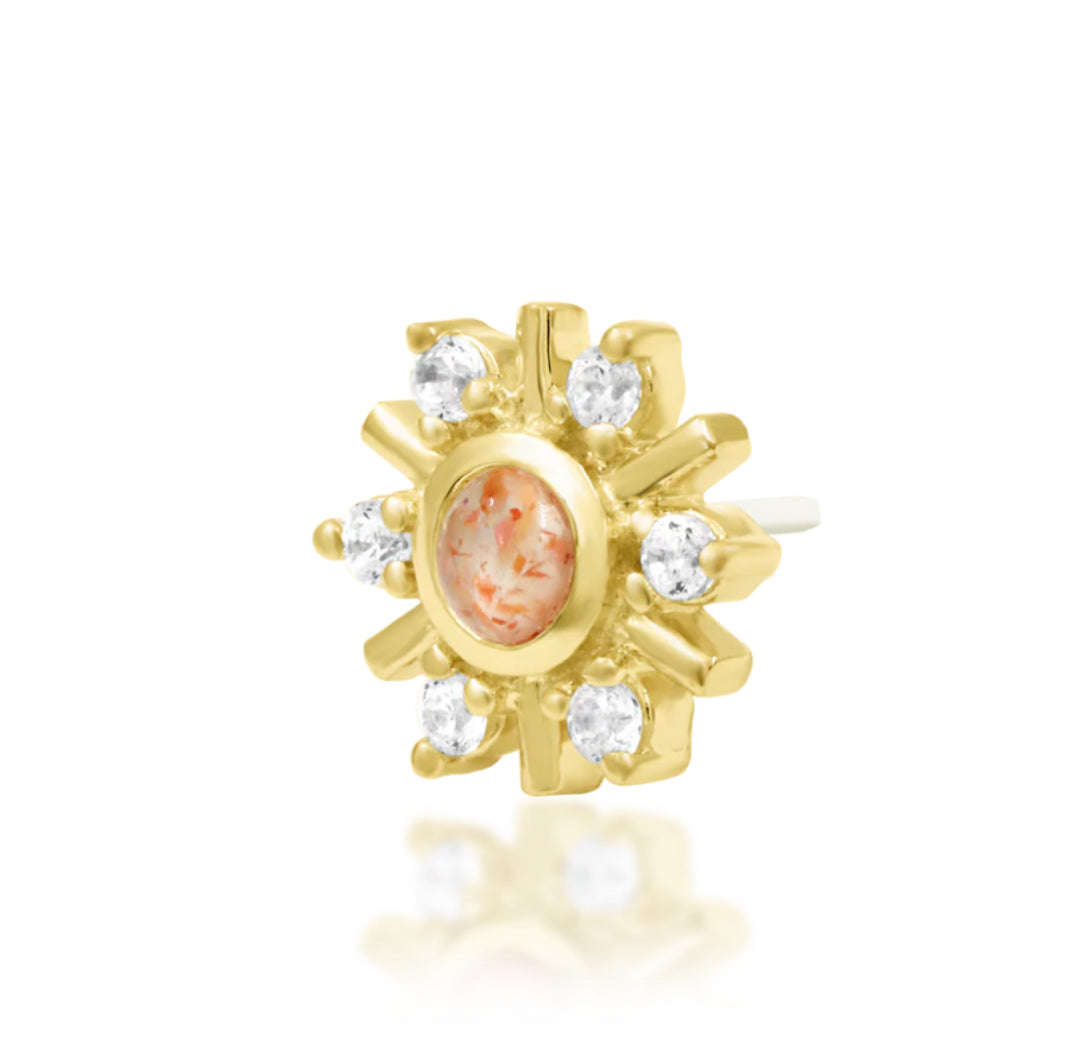 Junipurr Soleil sun-inspired Sunstone threadless decorative end in solid 14k gold, product view.