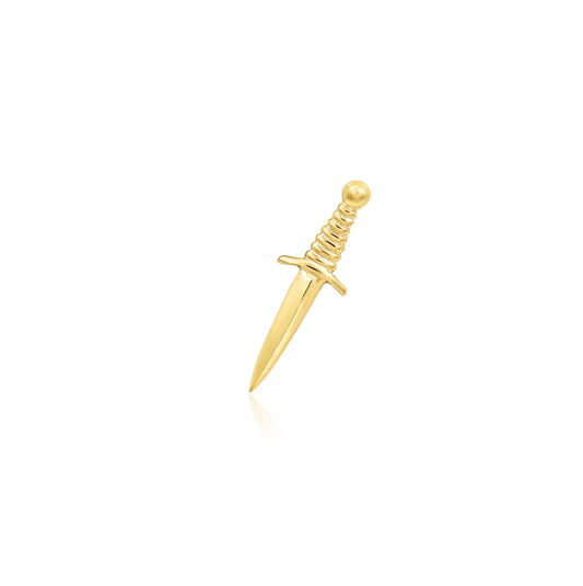 Junipurr Staring Daggers solid 14k yellow gold gemstone-free dagger threadless end, front view.