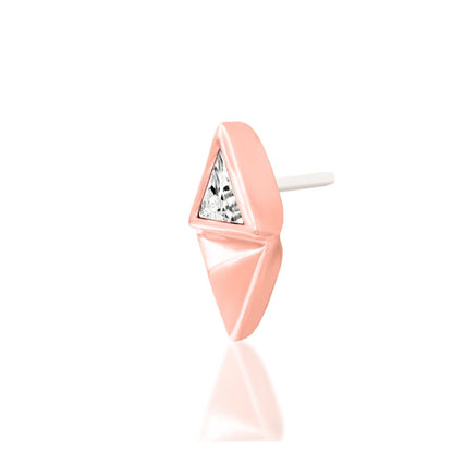 Angled view of Junipurr Sybil white CZ threadless end in 14k rose gold.