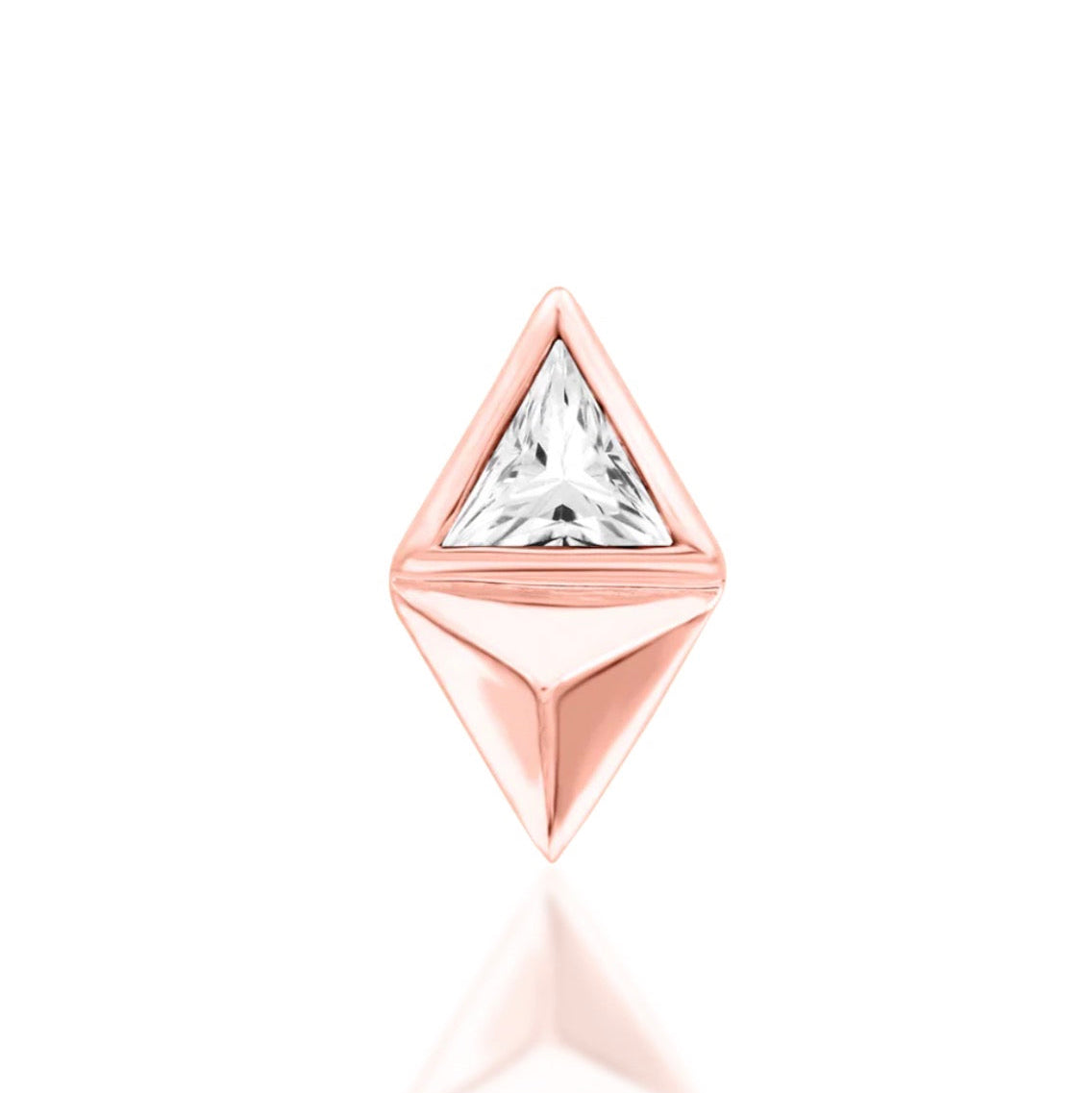 Front view of Junipurr Sybil white CZ threadless end in 14k rose gold.