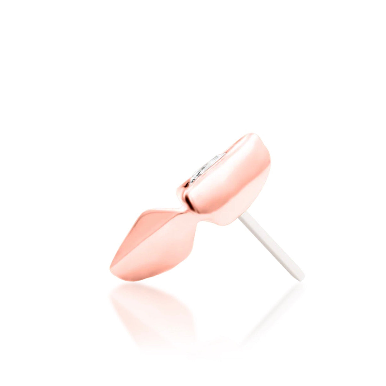 Side view of Junipurr Sybil white CZ threadless end in 14k rose gold.