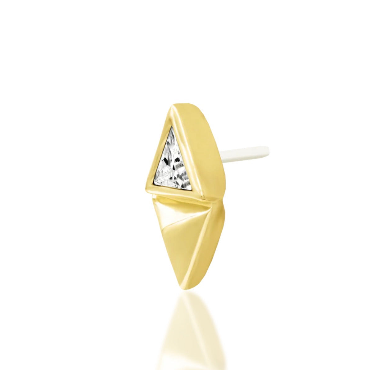 Angled view of Junipurr Sybil white CZ threadless end in 14k yellow gold.