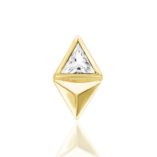 Junipurr Sybil solid 14k yellow gold geometric threadless end with a 3mm White CZ, front view.