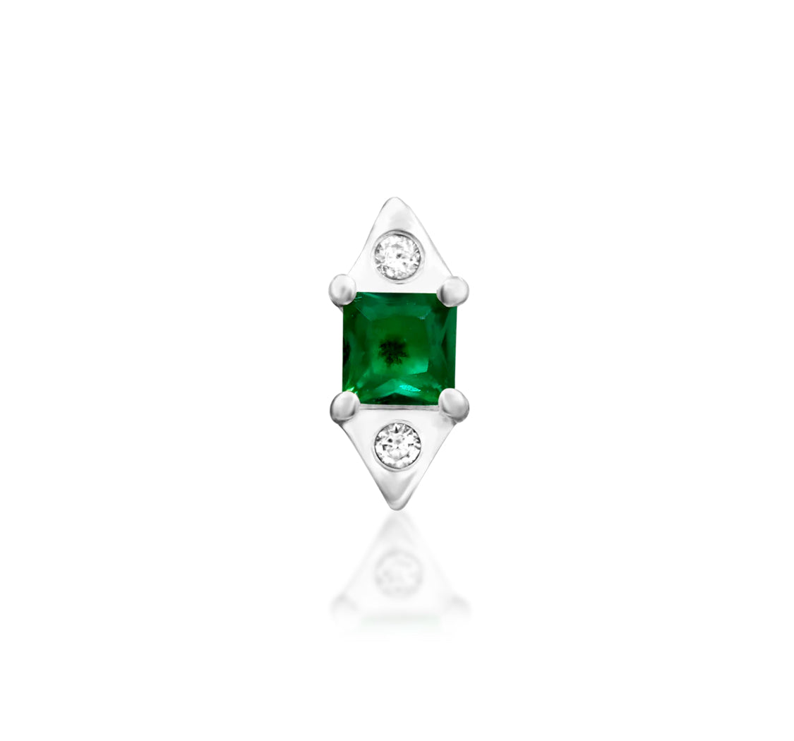 Junipurr Sylvan white gold Emerald Green CZ Threadless Decorative End, front view.