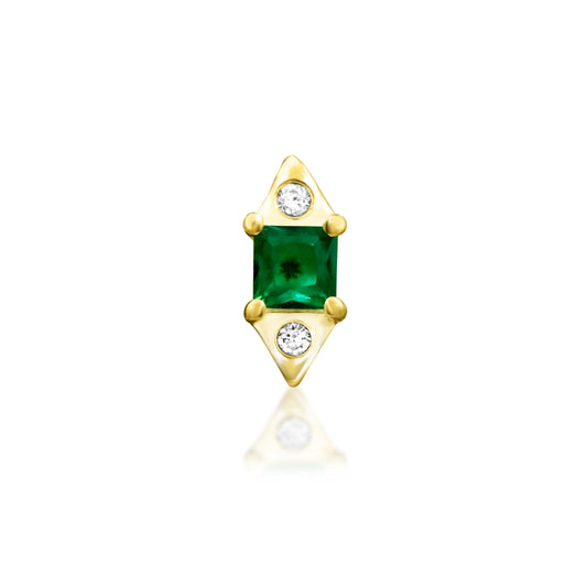 Junipurr Sylvan yellow gold Emerald Green CZ Threadless Decorative End, front view.