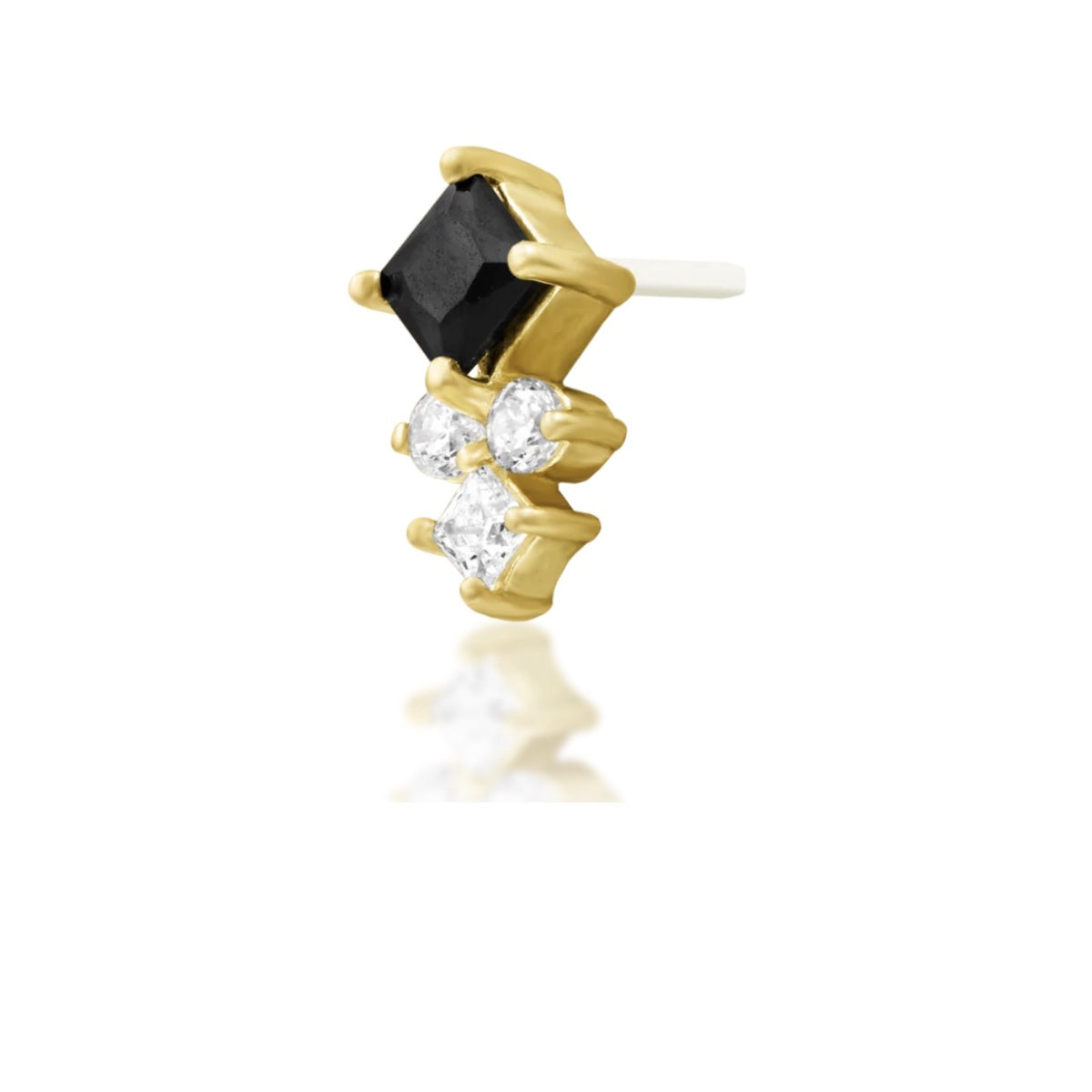 Junipurr Syren black and white cubic zirconia threadless end in 14k yellow gold, angled view