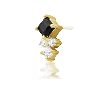 Junipurr Syren black and white cubic zirconia threadless end in 14k yellow gold, angled view