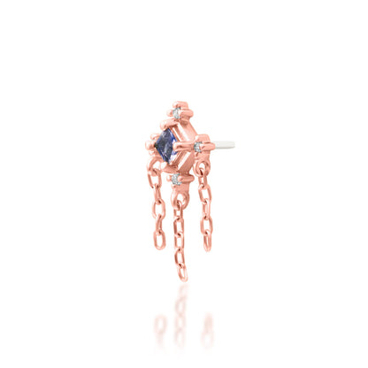 Junipurr Taylor solid 14k rose gold Iolite and White CZ chain dangle threadless end, angled view.