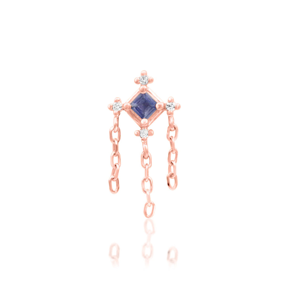 Junipurr Taylor solid 14k rose gold Iolite and White CZ chain dangle threadless end, front view.