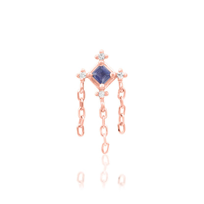 Junipurr Taylor solid 14k rose gold Iolite and White CZ chain dangle threadless end, front view.