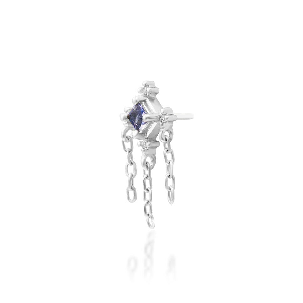 Junipurr Taylor solid 14k white gold Iolite and White CZ chain dangle threadless end, angled view.