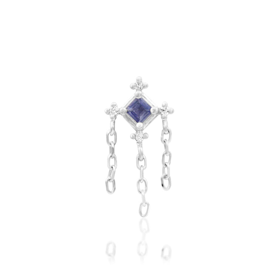 Junipurr Taylor solid 14k white gold Iolite and White CZ chain dangle threadless end, front view.