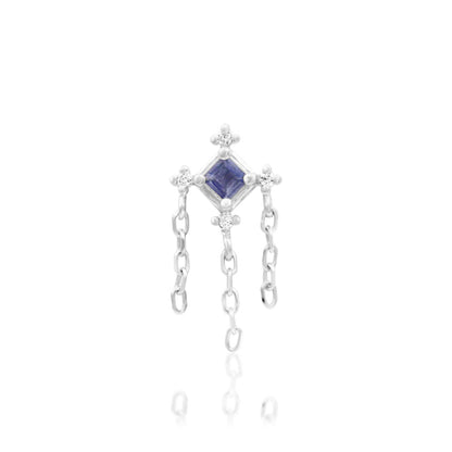 Junipurr Taylor solid 14k white gold Iolite and White CZ chain dangle threadless end, front view.