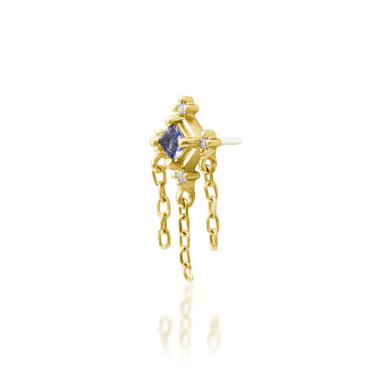 Junipurr Taylor solid 14k yellow gold Iolite and White CZ chain dangle threadless end, angled view.