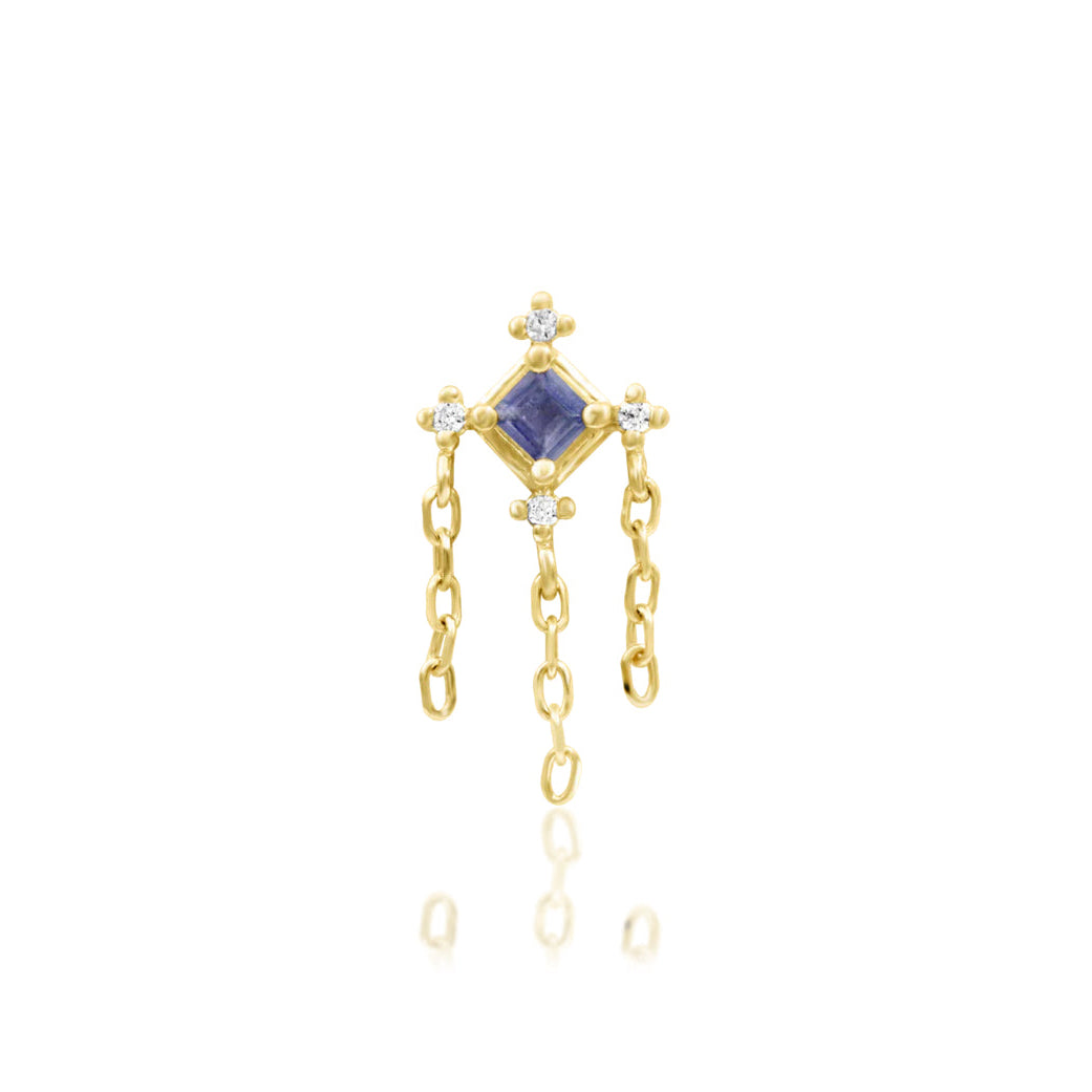 Junipurr Taylor solid 14k yellow gold Iolite and White CZ chain dangle threadless end, front view.