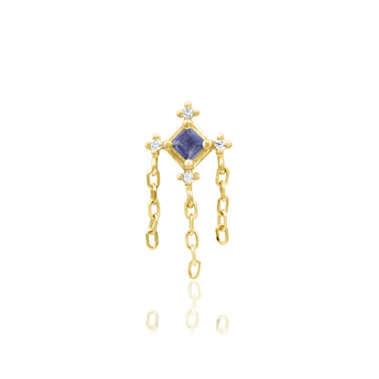 Junipurr Taylor solid 14k yellow gold Iolite and White CZ chain dangle threadless end, front view.
