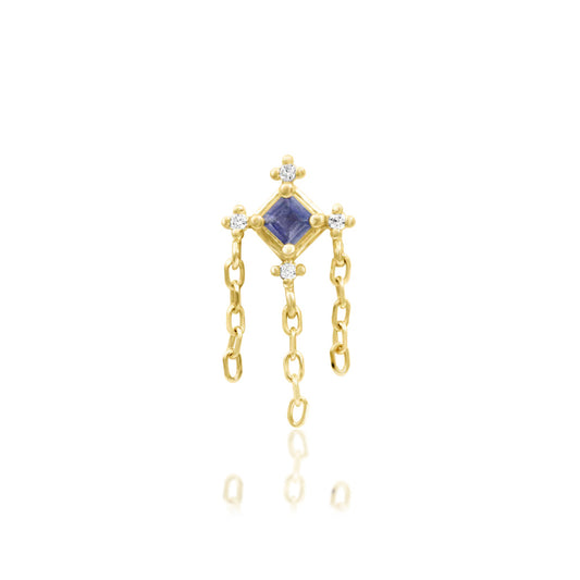 Junipurr Taylor solid 14k yellow gold Iolite and White CZ chain dangle threadless end, front view.
