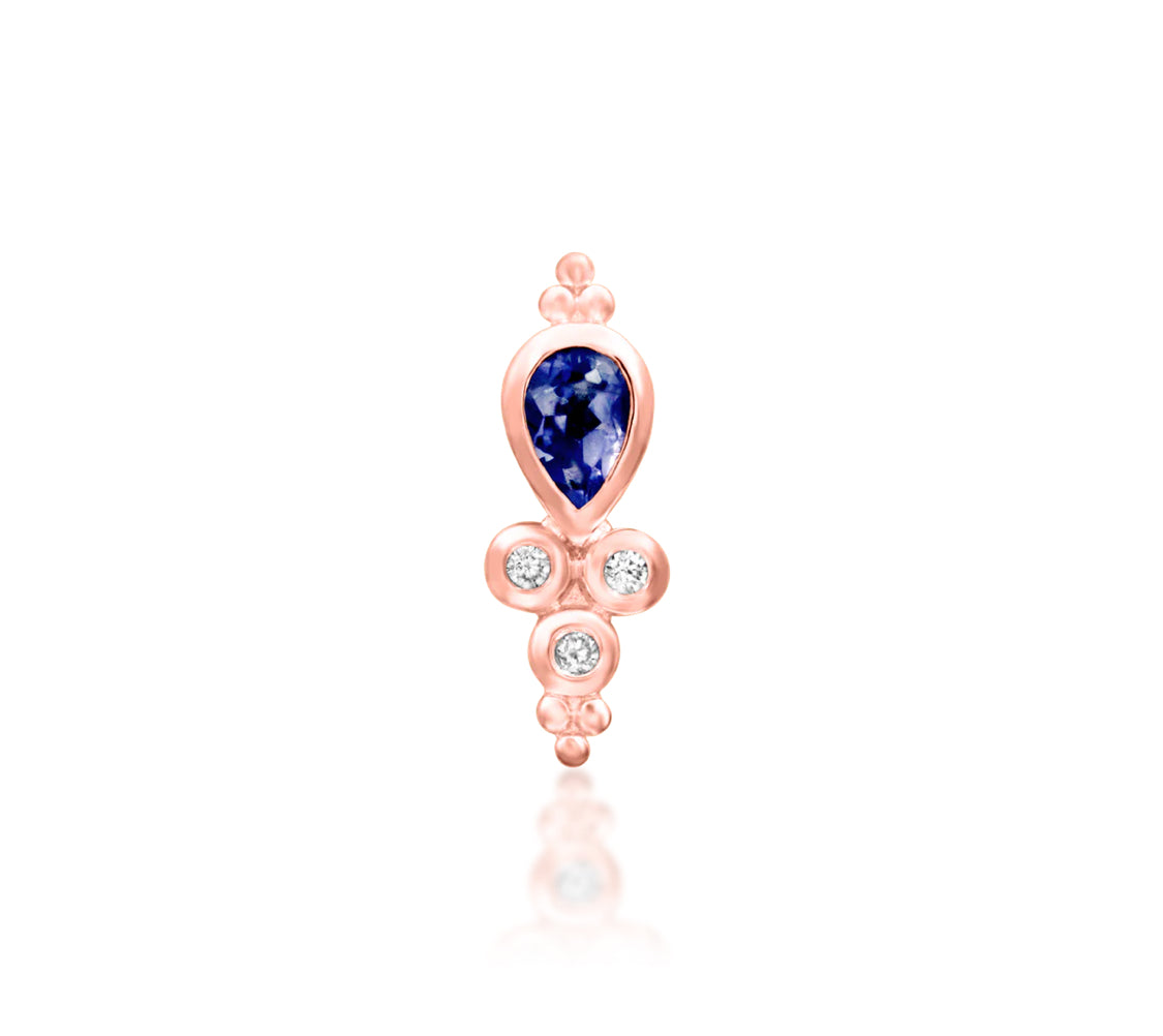 Junipurr Tilda solid 14k rose gold Iolite and White CZ threadless end, front view.