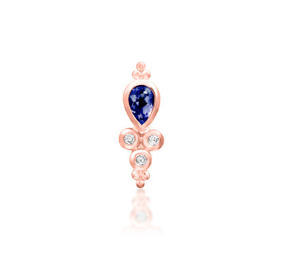 Junipurr Tilda solid 14k rose gold Iolite and White CZ threadless end, front view.