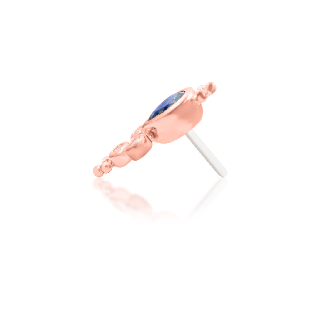 Junipurr Tilda solid 14k rose gold Iolite and White CZ threadless end, side profile.