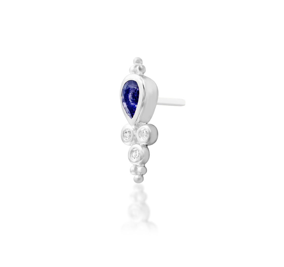 Junipurr Tilda solid 14k white gold Iolite and White CZ threadless end, angled view.