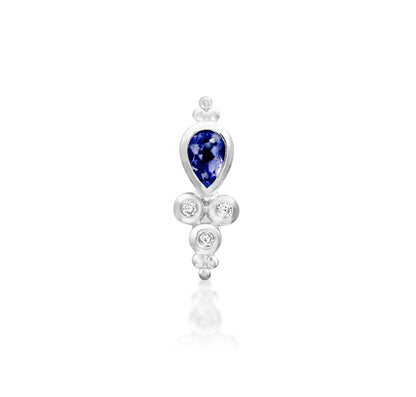 Junipurr Tilda solid 14k white gold Iolite and White CZ threadless end, front view.