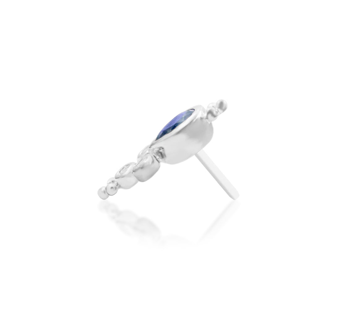 Junipurr Tilda solid 14k white gold Iolite and White CZ threadless end, side profile.