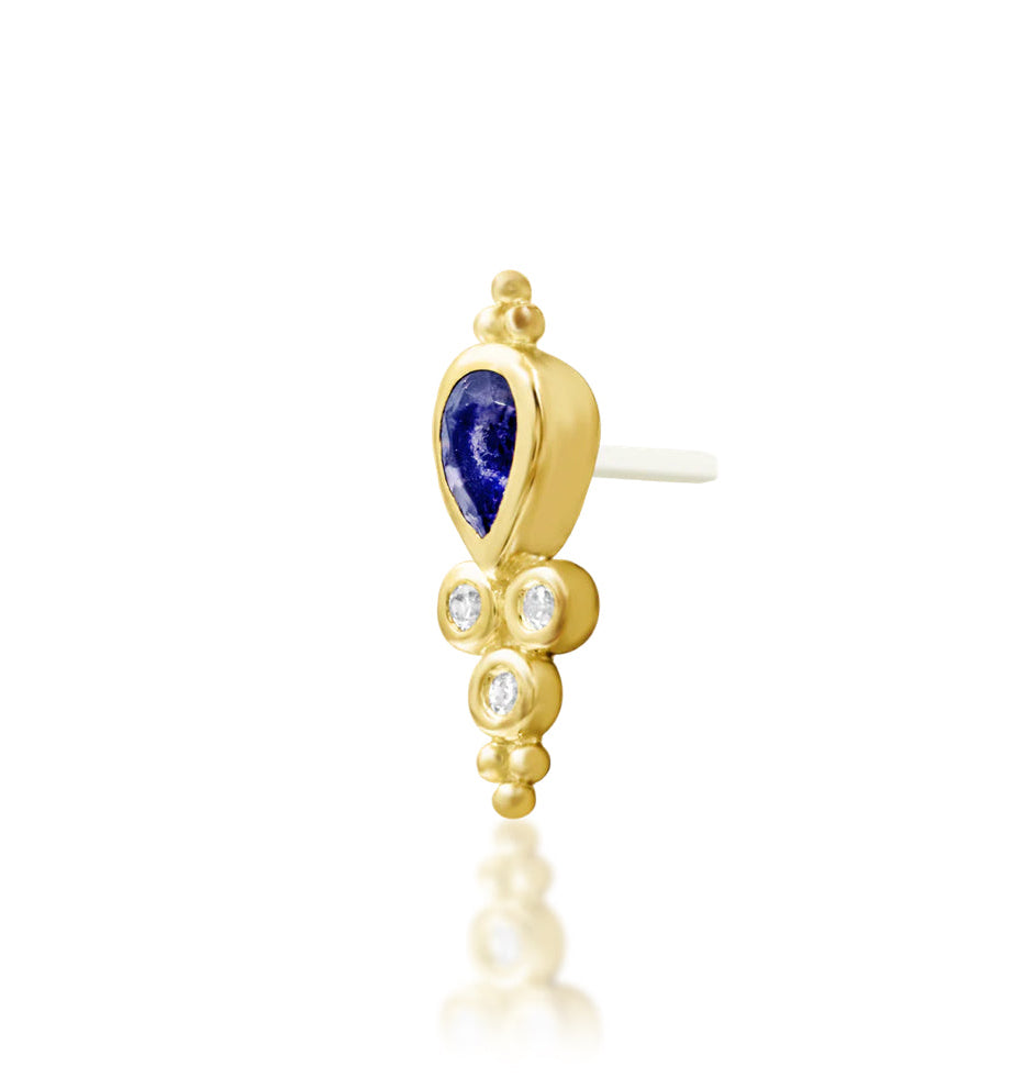 Junipurr Tilda solid 14k yellow gold Iolite and White CZ threadless end, angled view.