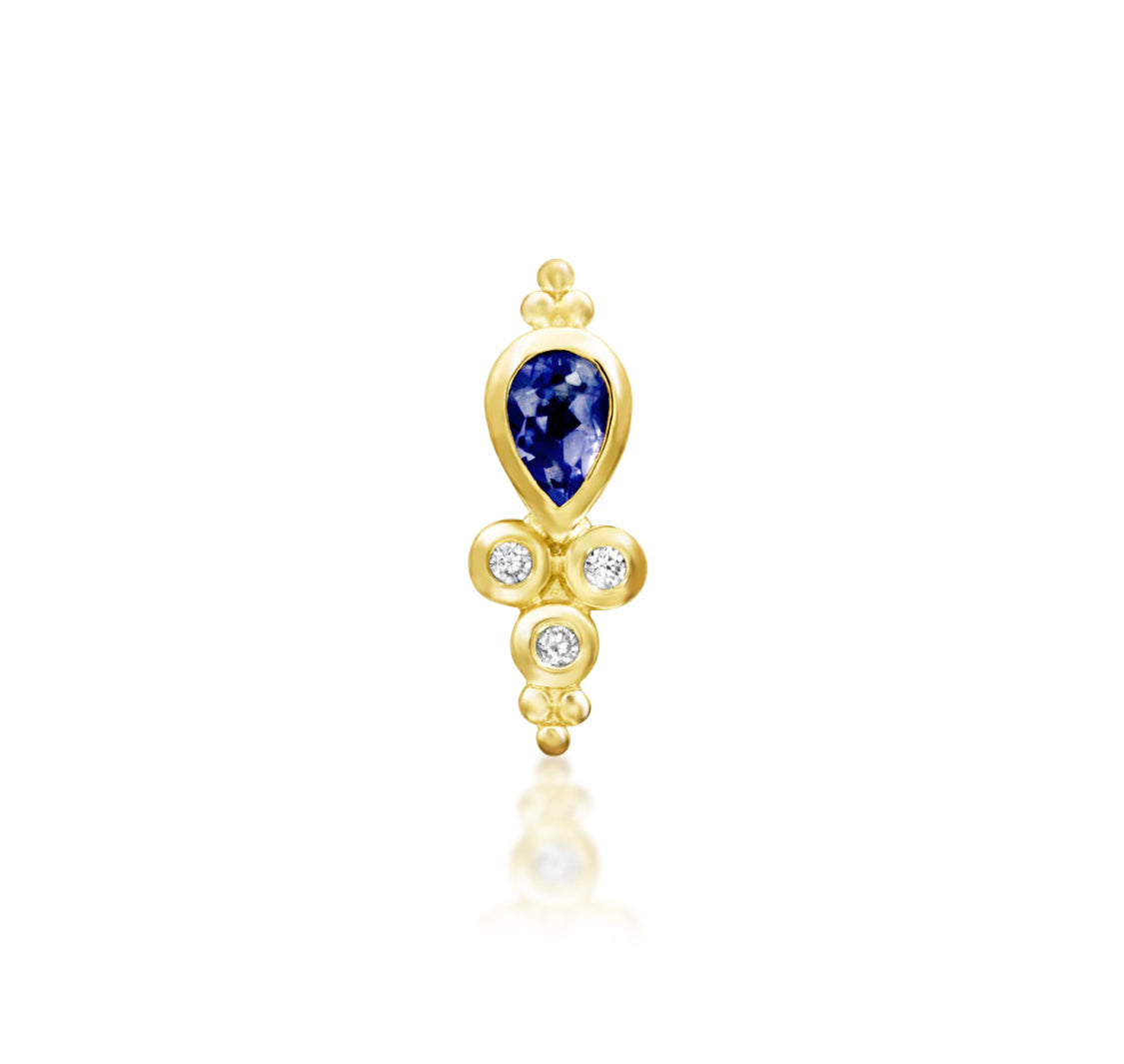 Junipurr Tilda solid 14k yellow gold Iolite and White CZ threadless end, front view.