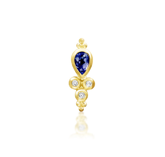 Junipurr Tilda solid 14k yellow gold Iolite and White CZ threadless end, front view.