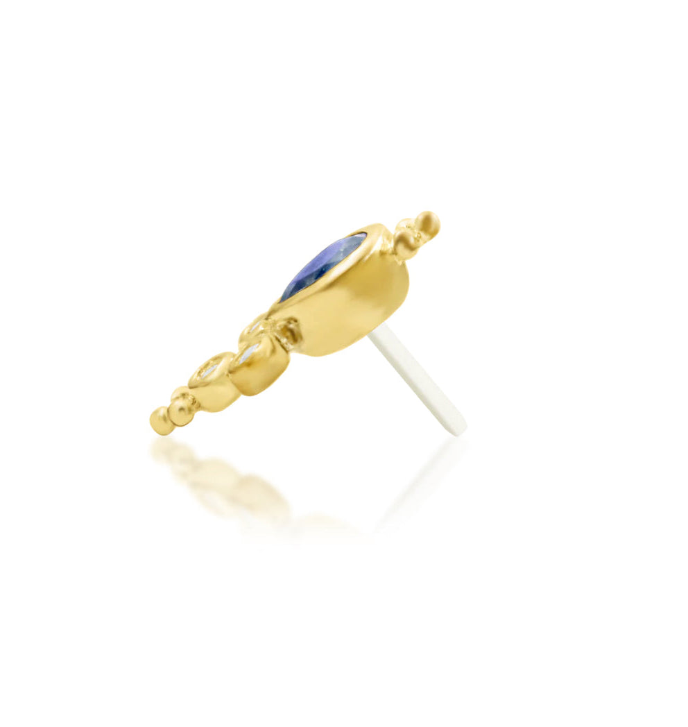 Junipurr Tilda solid 14k yellow gold Iolite and White CZ threadless end, side profile.