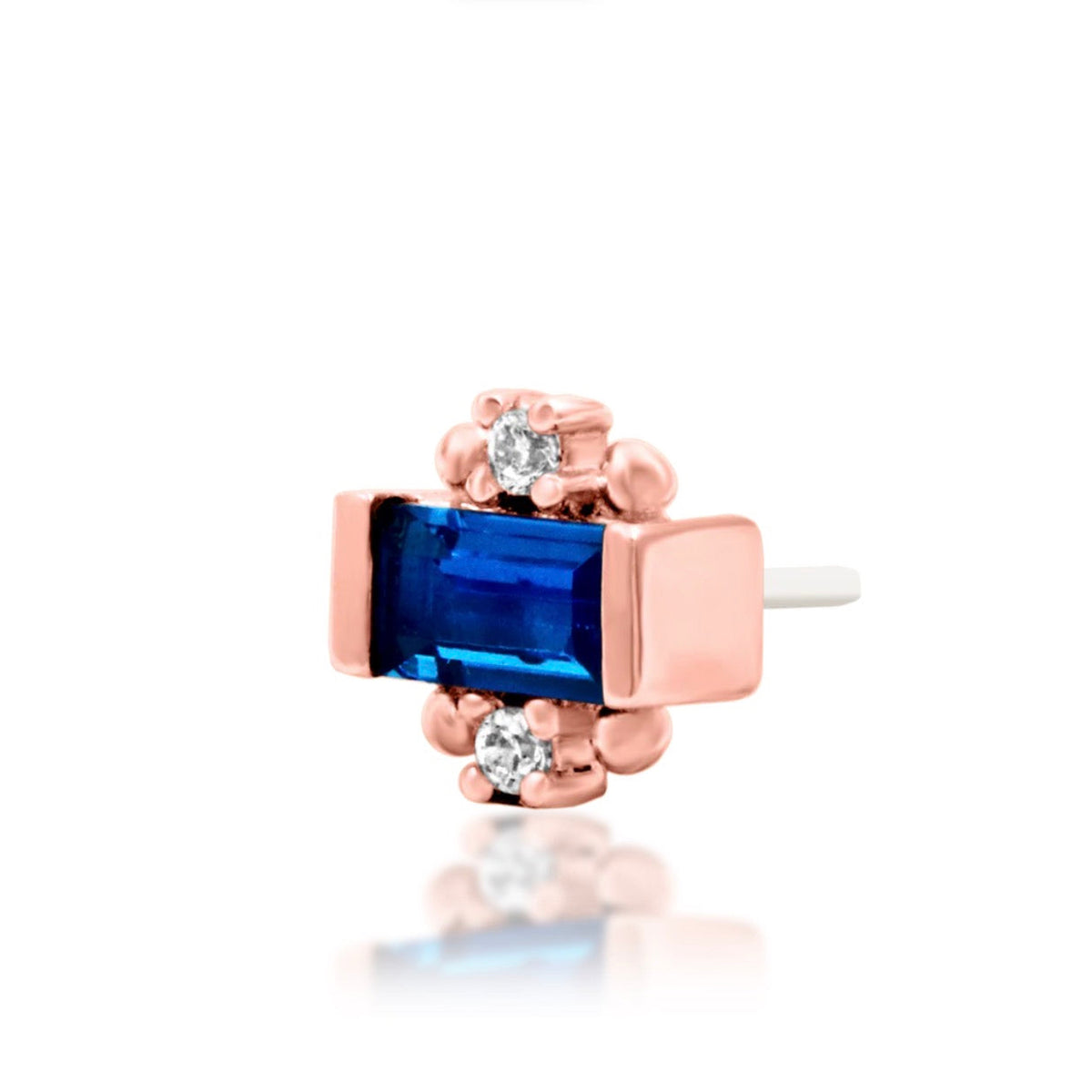 Junipurr Tina solid 14k rose gold Blue CZ threadless end, angled view.