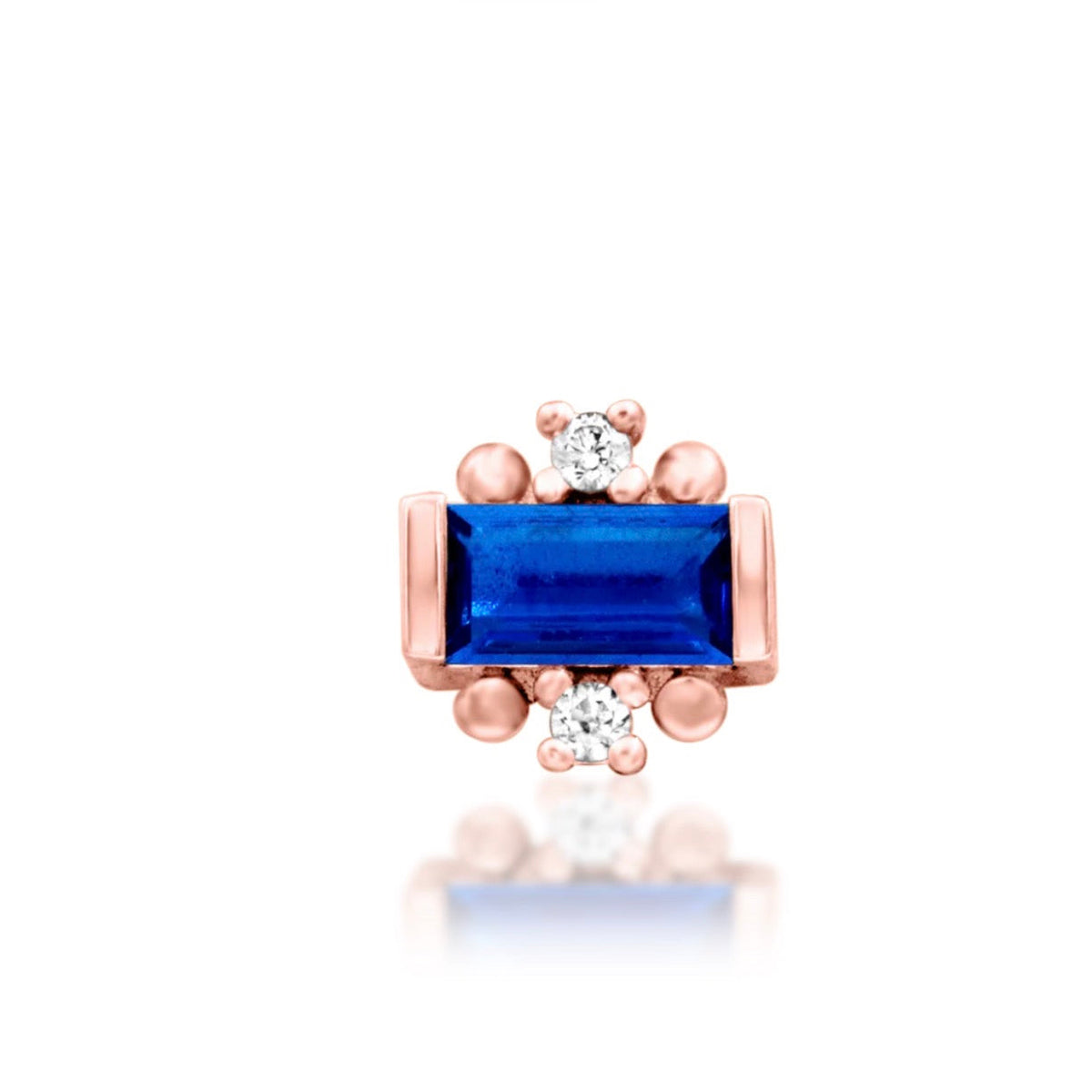 Junipurr Tina solid 14k rose gold threadless end with Blue CZ stones, front view.
