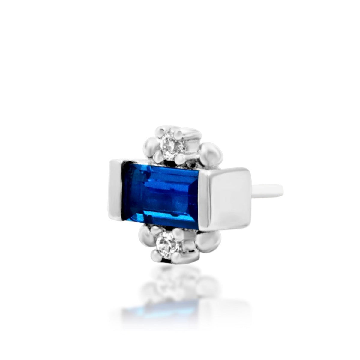 Junipurr Tina solid 14k white gold Blue CZ threadless end, angled view.