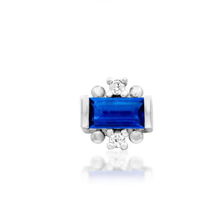 Junipurr Tina solid 14k white gold threadless end with Blue CZ stones, front view.