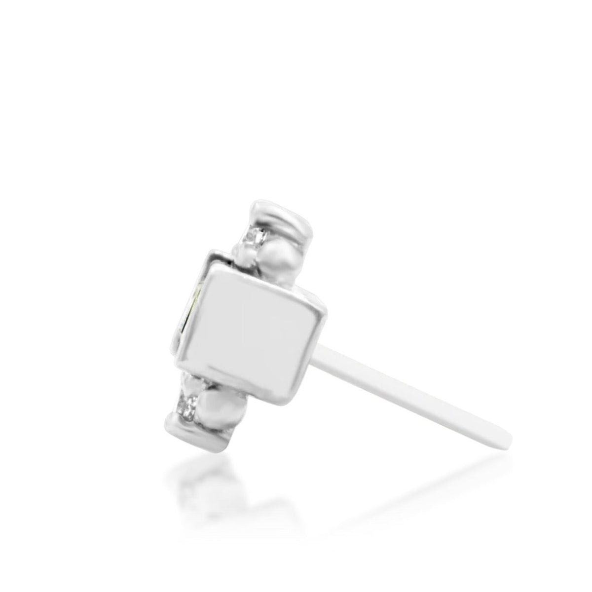 Junipurr Tina solid 14k white gold Blue CZ threadless end, side profile.