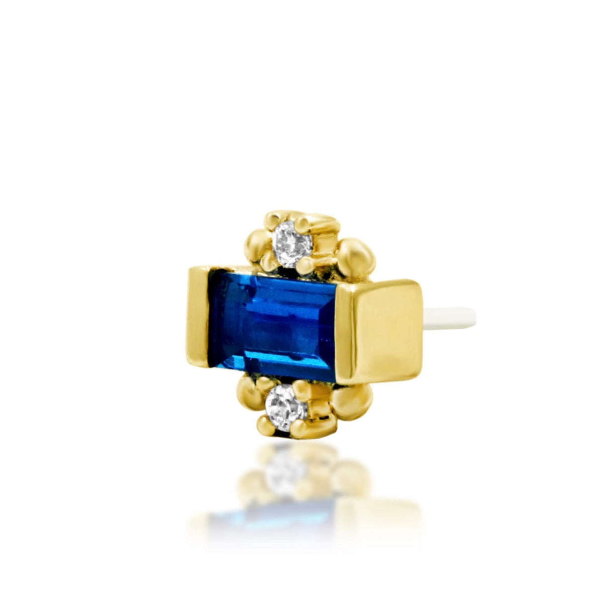 Junipurr Tina solid 14k yellow gold Blue CZ threadless end, angled view.